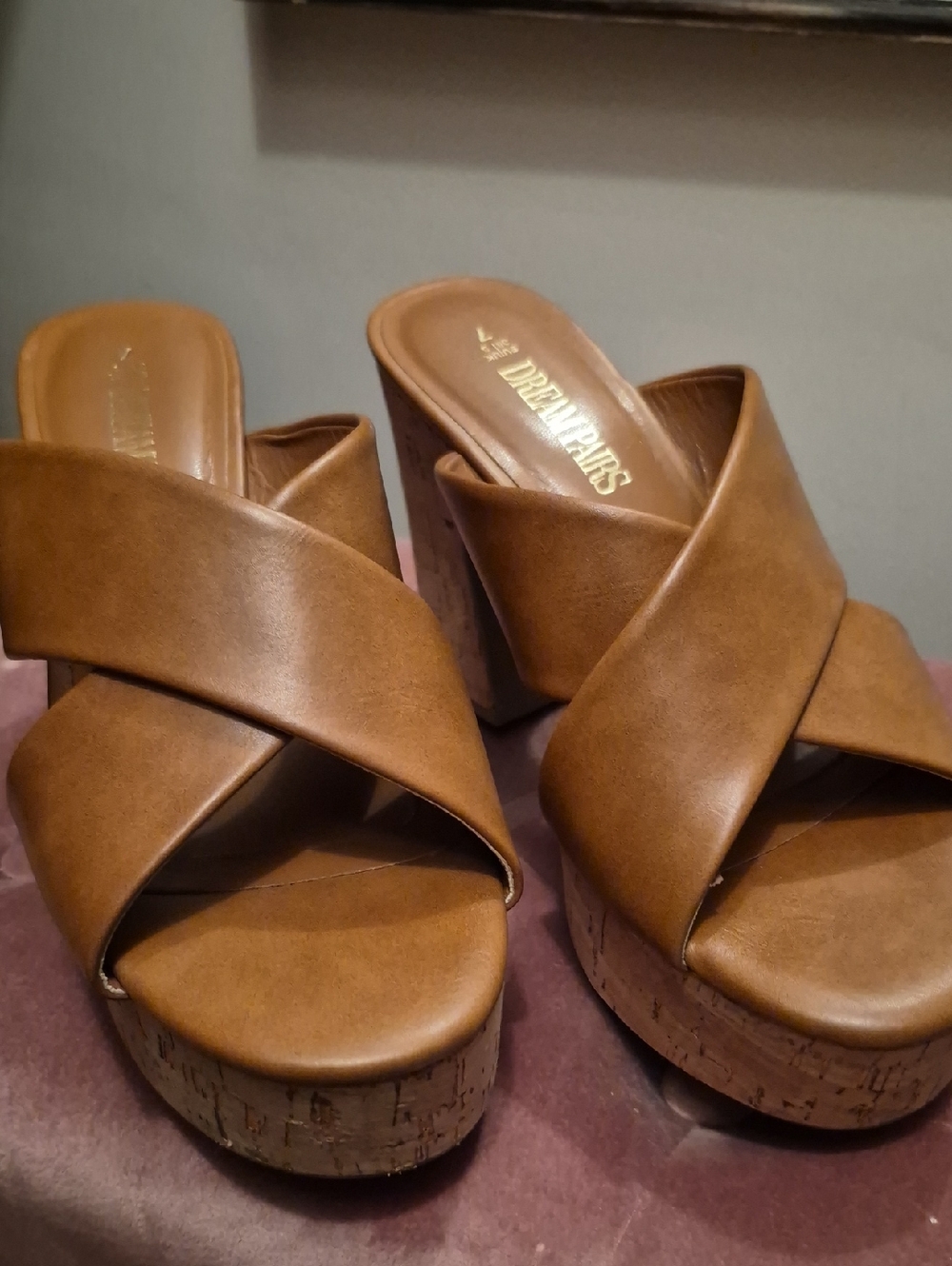 Dream Pairs Brown Crisscross Cork Platform Slide Sandals